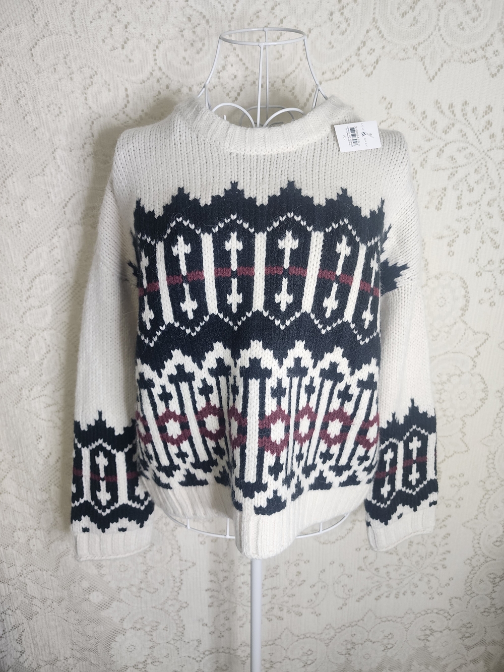 Lou & Grey Oversized Fair Isle Crewneck Sweater in White, Navy & Burgundy
